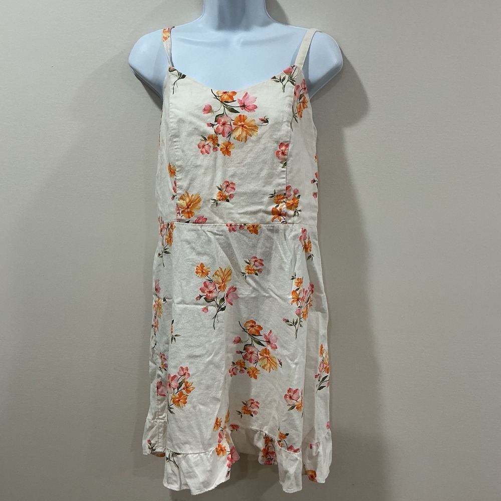 Old Navy White Floral Print Fit and Flare Ruffle Hem Cami Linen Blend Dress L